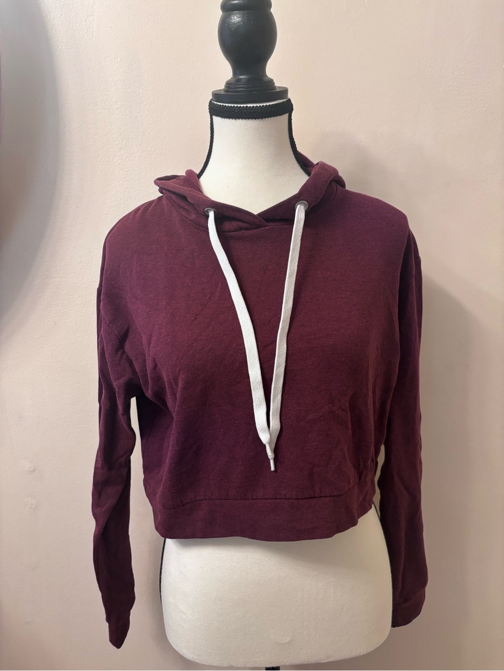 H&M Maroon Cropped Hoodie with White Drawstrings